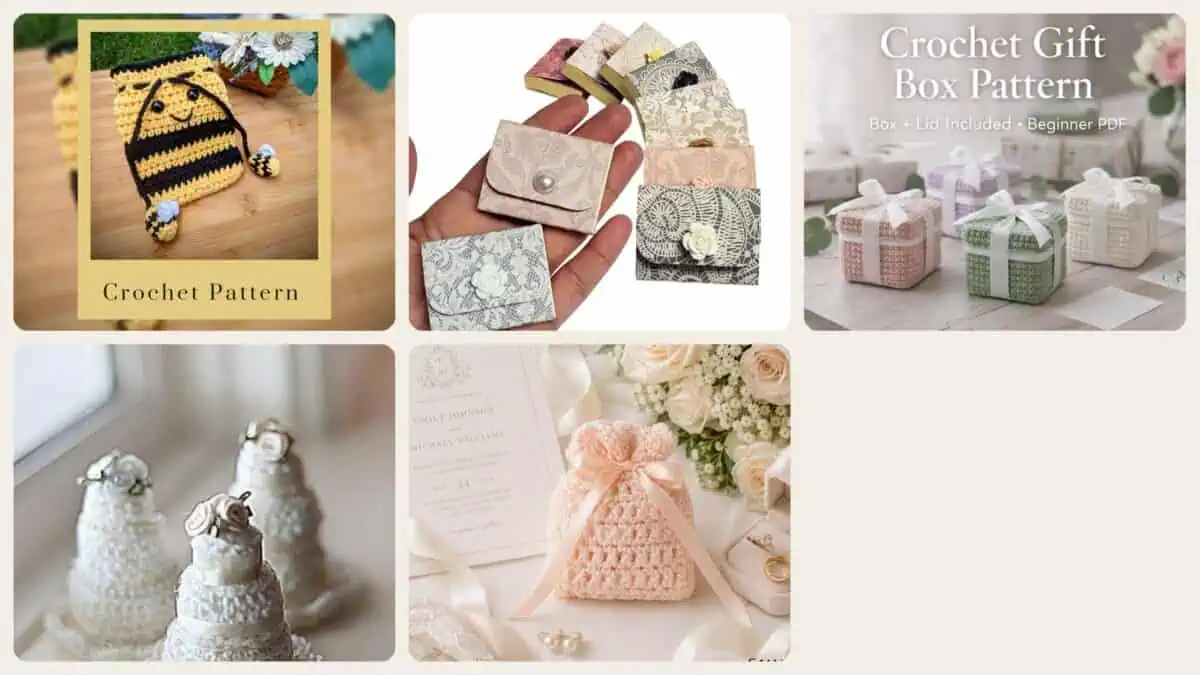 A selection of the crochet patterns in 5 Beautiful Crochet Wedding Favors for Your Wedding Guests