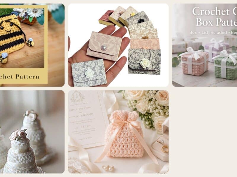 A selection of the crochet patterns in 5 Beautiful Crochet Wedding Favors for Your Wedding Guests