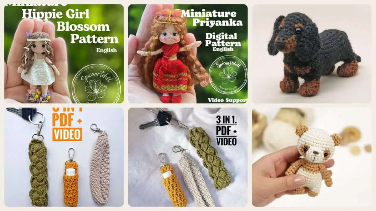 A selection of the crochet patterns in 40 Tiny Amigurumi Patterns to Crochet, From Cats and Frogs to Mini Bundles