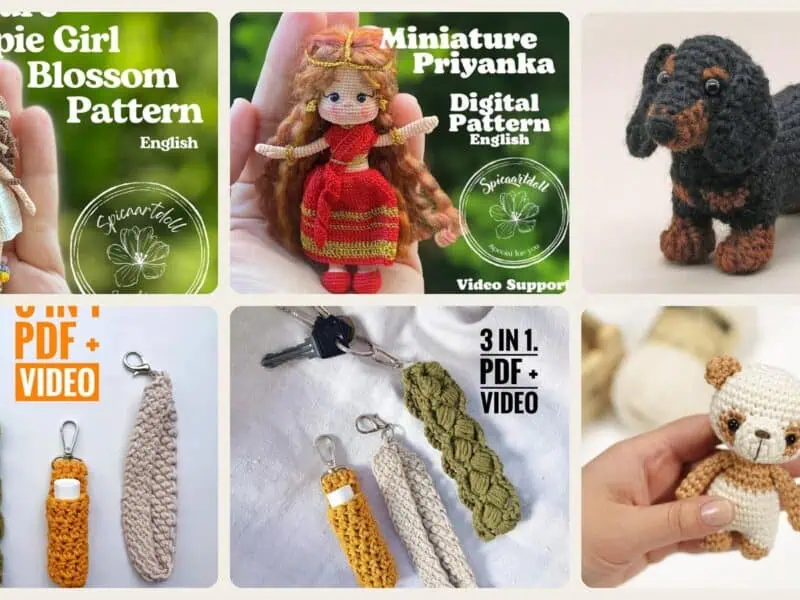 A selection of the crochet patterns in 40 Tiny Amigurumi Patterns to Crochet, From Cats and Frogs to Mini Bundles