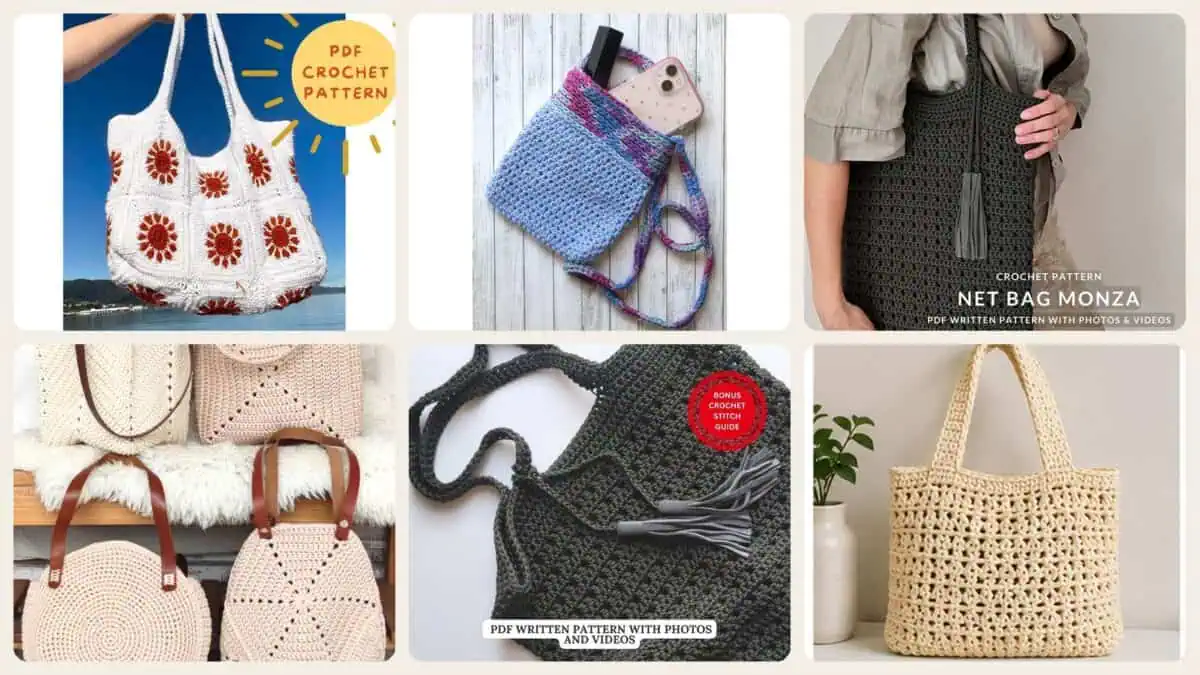 A selection of the crochet patterns in 40 Crochet Purses and Bags To Make at Home: Fresh Patterns for Everyday Carryalls