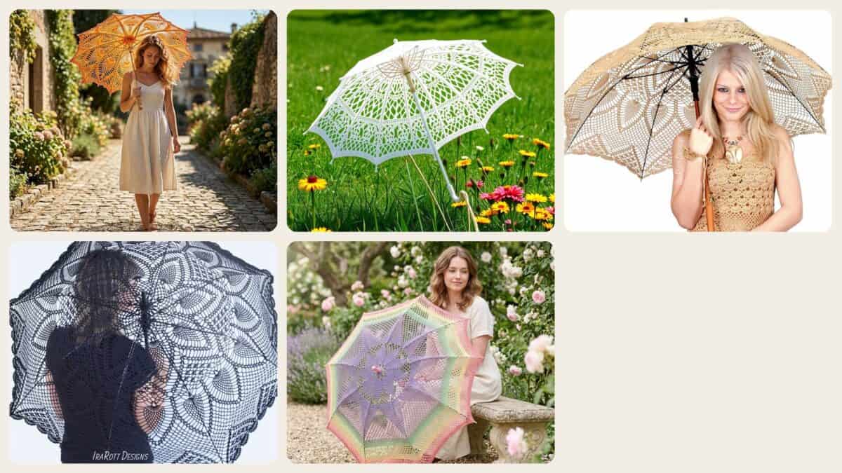 A selection of the crochet patterns in 5 Beautiful Crochet Umbrellas and Patterns You Will Love!
