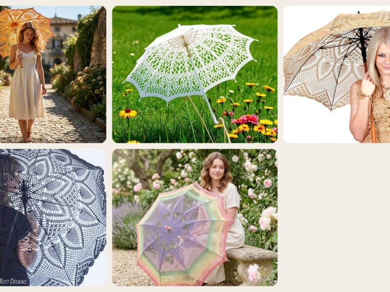 A selection of the crochet patterns in 5 Beautiful Crochet Umbrellas and Patterns You Will Love!