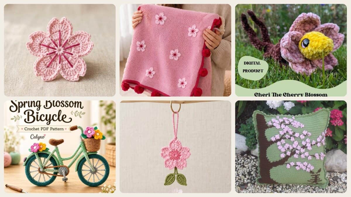 A selection of the crochet patterns in 40 Cherry Blossom Crochet Patterns for Spring Home Decor, Gifts, and Handmade Accessories
