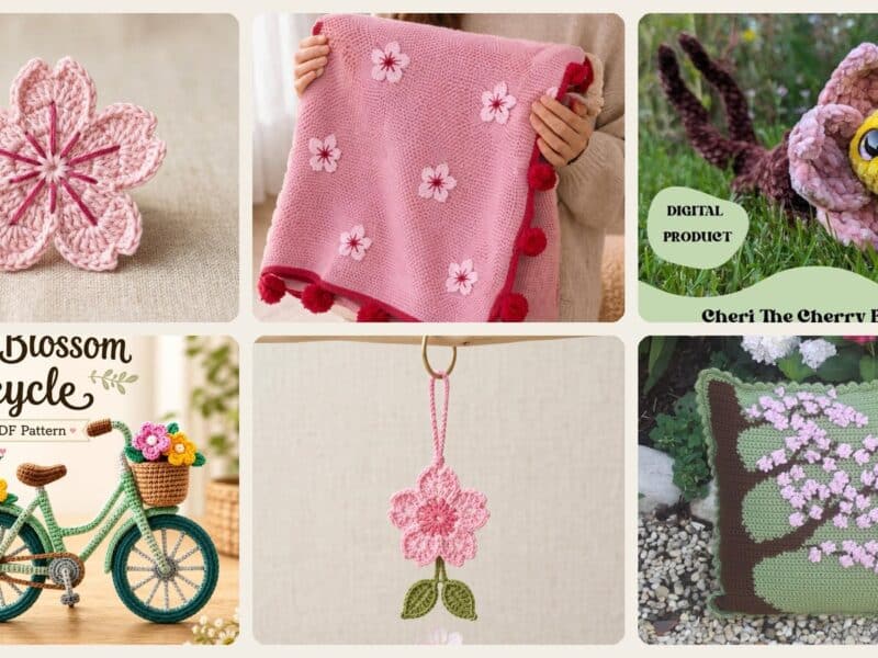 A selection of the crochet patterns in 40 Cherry Blossom Crochet Patterns for Spring Home Decor, Gifts, and Handmade Accessories