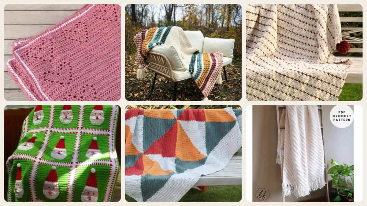 A selection of the crochet patterns in 40 Crochet Blanket Patterns to Inspire Your Next Cozy Project