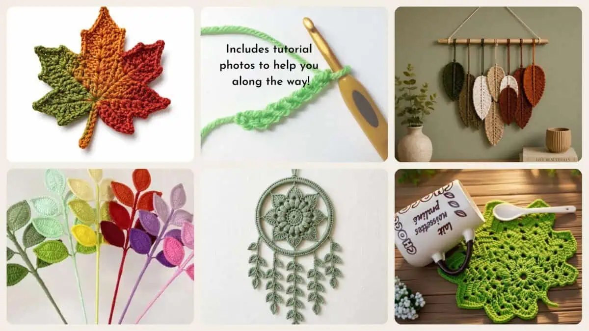 A selection of the crochet patterns in 40 Crochet Leaf Patterns To Welcome Fall With Appliqués, Garlands, and Botanical Details