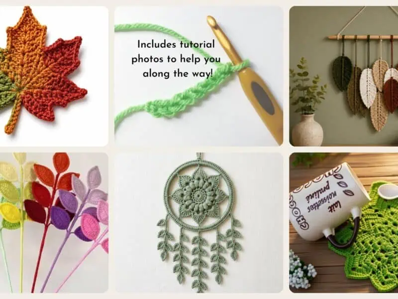 A selection of the crochet patterns in 40 Crochet Leaf Patterns To Welcome Fall With Appliqués, Garlands, and Botanical Details