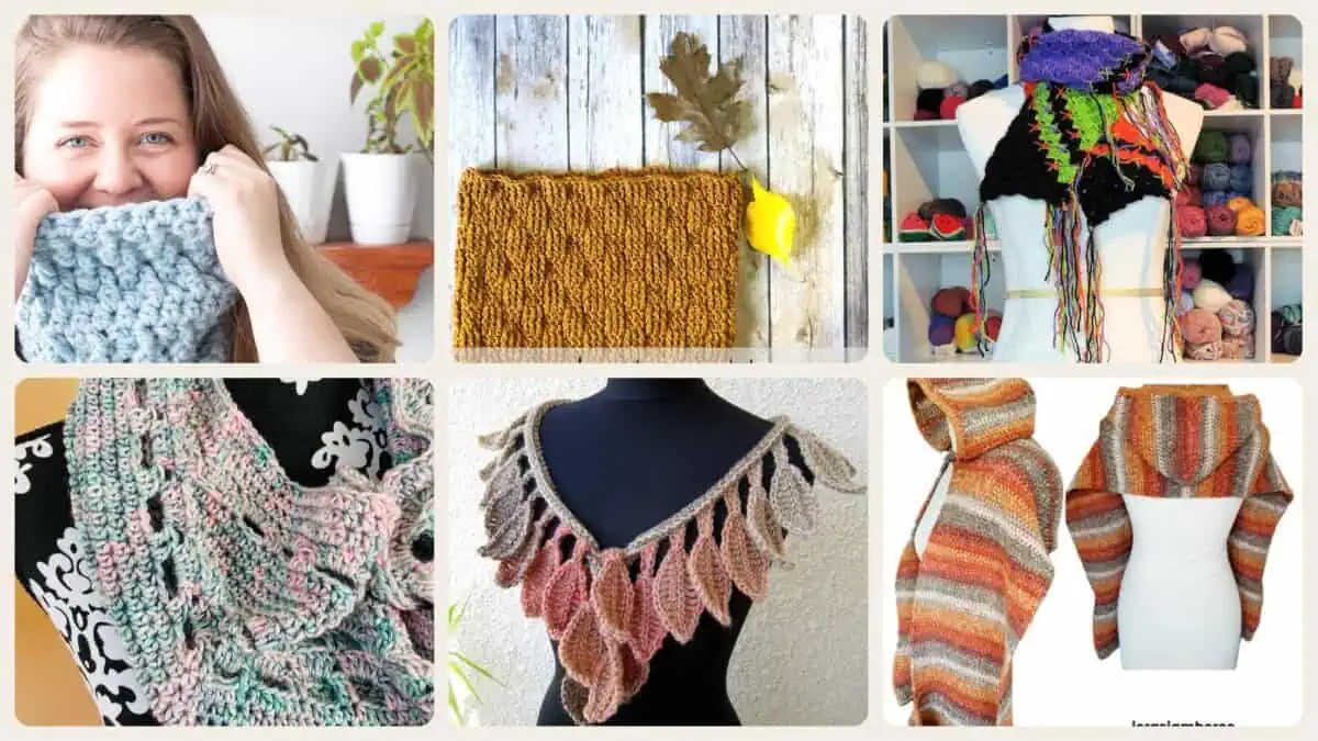 A selection of the crochet patterns in 40 Crochet Cowl and Crochet Scarf Patterns to Warm Up Fall and Winter