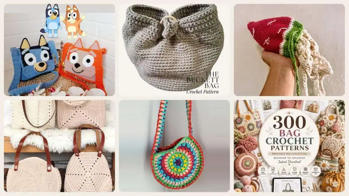 A selection of the crochet patterns in 40 Crochet Bag Patterns for Everyday Carry, Gifts, and Seasonal Style