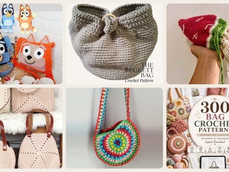 A selection of the crochet patterns in 40 Crochet Bag Patterns for Everyday Carry, Gifts, and Seasonal Style