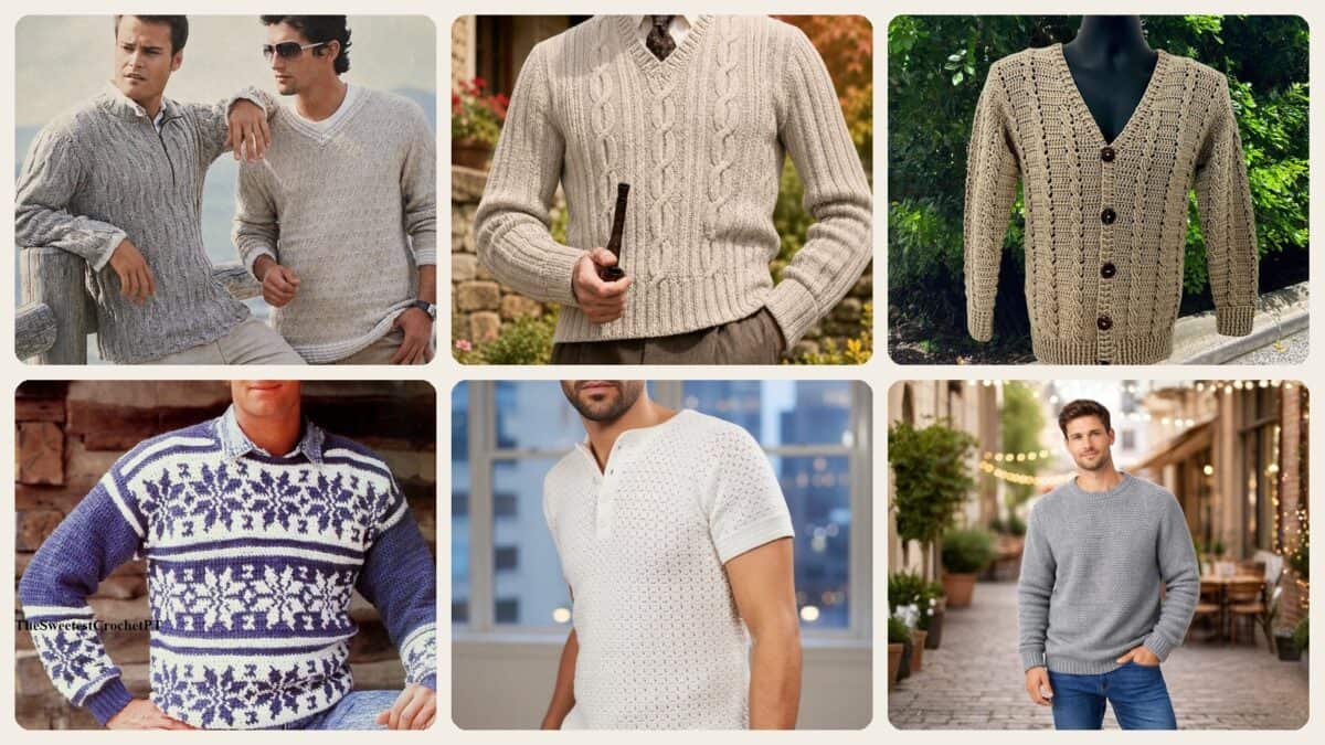 A selection of the crochet patterns in 40 Crochet Sweater Patterns for Men You Can Wear Year After Year