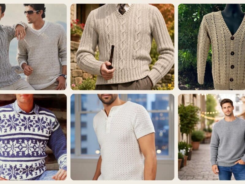 A selection of the crochet patterns in 40 Crochet Sweater Patterns for Men You Can Wear Year After Year