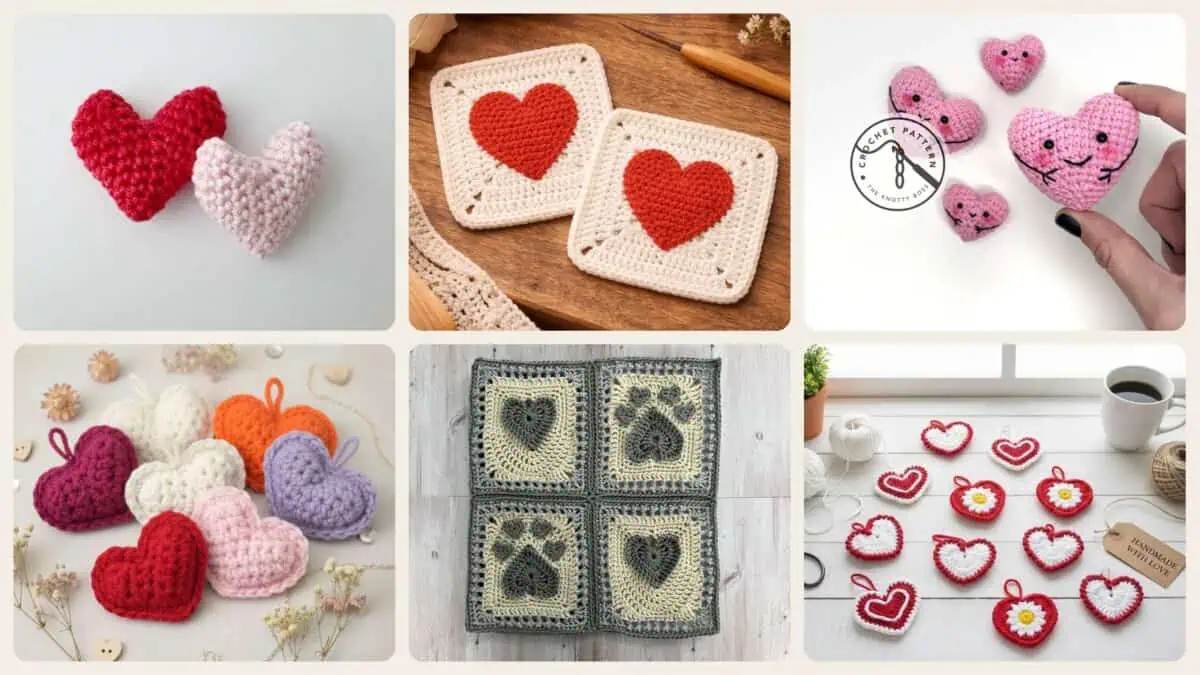 A selection of the crochet patterns in 40 Beautiful Crochet Heart Patterns To Make With Love