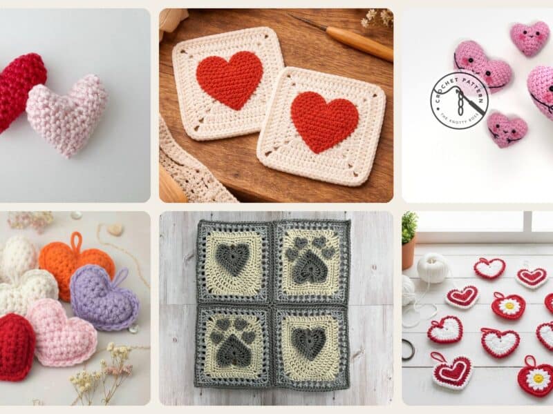 A selection of the crochet patterns in 40 Beautiful Crochet Heart Patterns To Make With Love