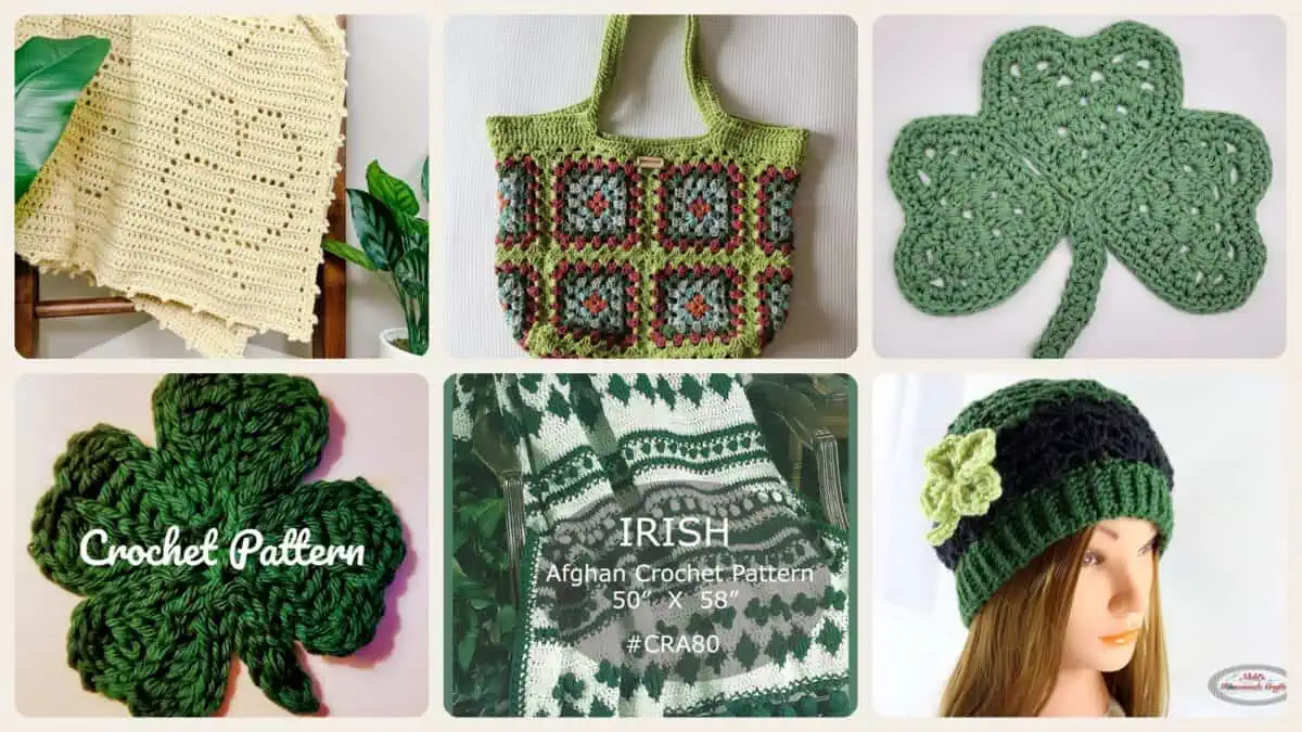 A selection of the crochet patterns in 40 Fun Crochet Clover Patterns Perfect for St. Patrick’s Day