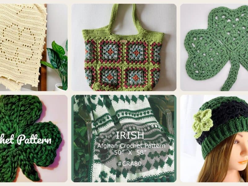 A selection of the crochet patterns in 40 Fun Crochet Clover Patterns Perfect for St. Patrick’s Day