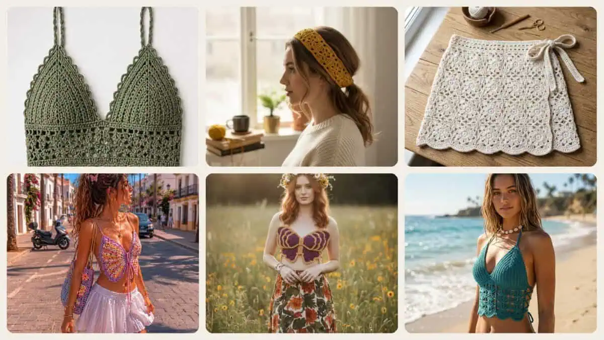 A selection of the crochet patterns in 28 Crochet Fashion Pieces Perfect for the Next Coachella Event