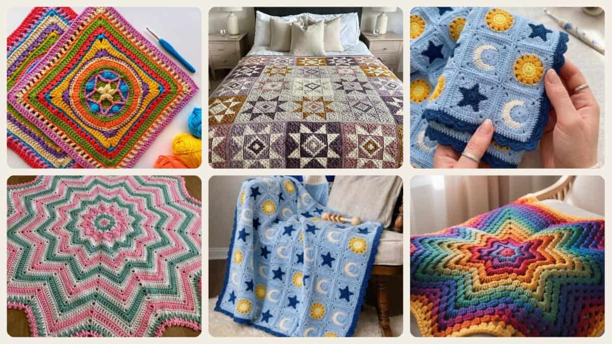 A selection of the crochet patterns in 40 Fabulous Crochet Star Blankets and Patterns You Must Make