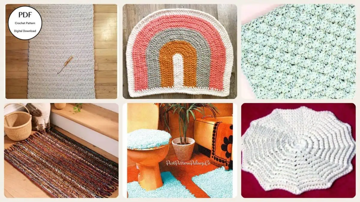 A selection of the crochet patterns in 7 Crochet Bath Rug Patterns for Bathroom Floors, Entryways, and Cozy Home Decor