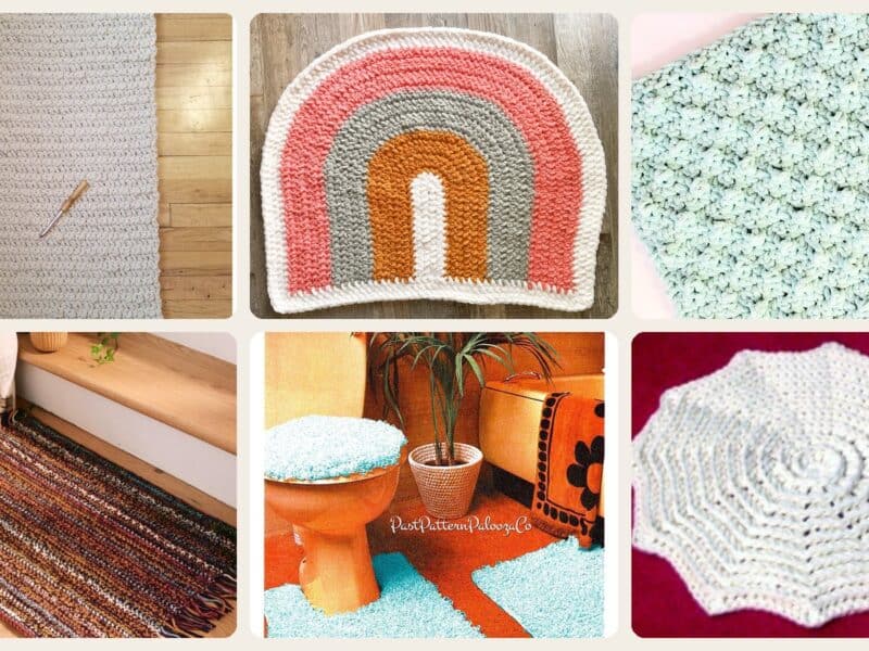 A selection of the crochet patterns in 7 Crochet Bath Rug Patterns for Bathroom Floors, Entryways, and Cozy Home Decor