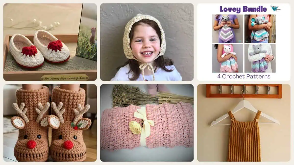 A selection of the crochet patterns in 40 Crochet Patterns for Babies and Kids That Are Too Cute to Miss