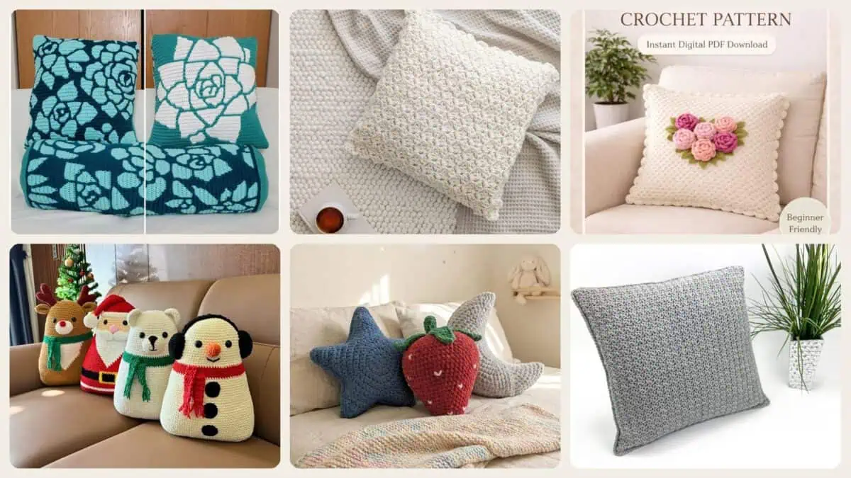 A selection of the crochet patterns in 40 Crochet Pillow Patterns and Ideas to Refresh Your Home