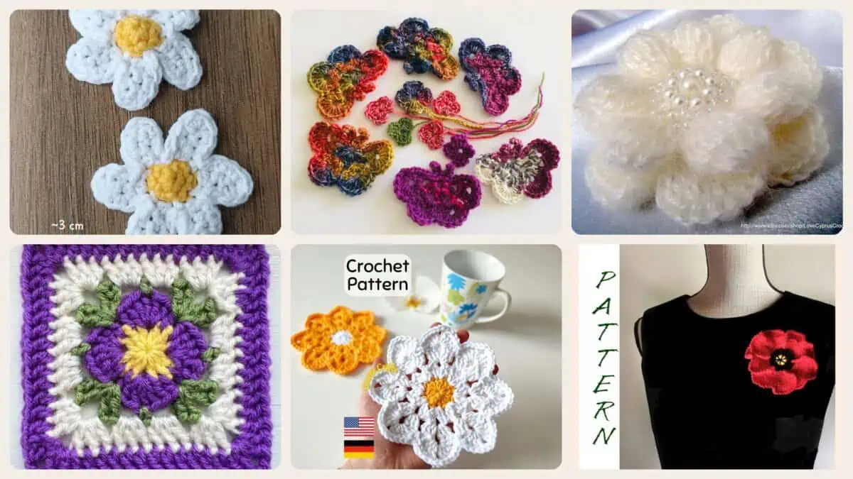 A selection of the crochet patterns in 14 Crochet Flower Patterns That Will Brighten Your Day