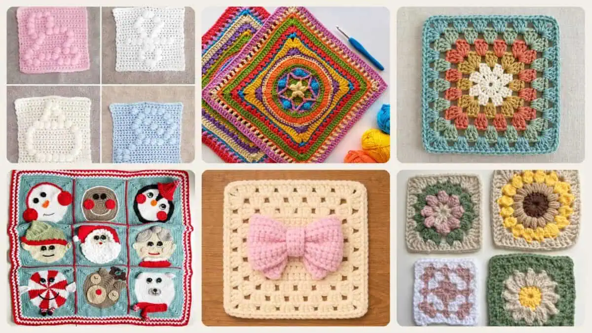 A selection of the crochet patterns in 40 Crochet Square Patterns to Build Your Next Project