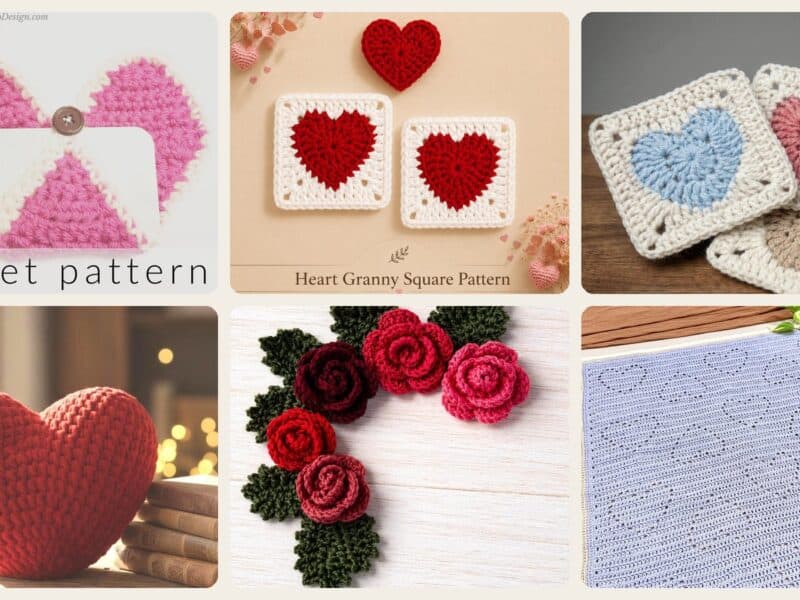 A selection of the crochet patterns in 40 Valentine Crochet Patterns to Make for Gifts, Decor, and Cozy Seasonal Touches