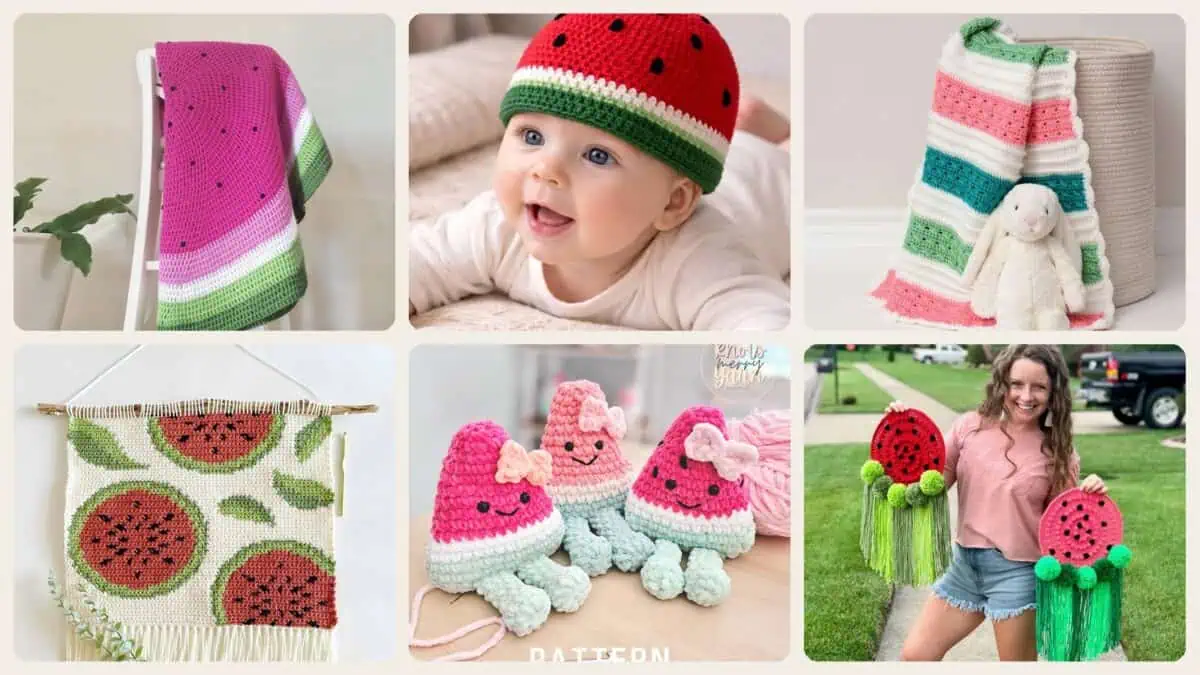 A selection of the crochet patterns in 40 Crochet Watermelon Patterns to Cheer You Up