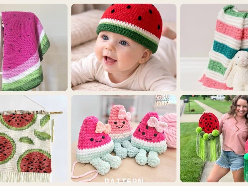A selection of the crochet patterns in 40 Crochet Watermelon Patterns to Cheer You Up