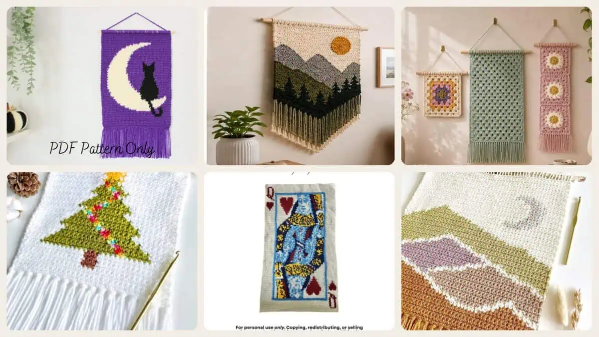A selection of the crochet patterns in 40 Framed Crochet Wall Art Patterns for Stylish, Handmade Decor