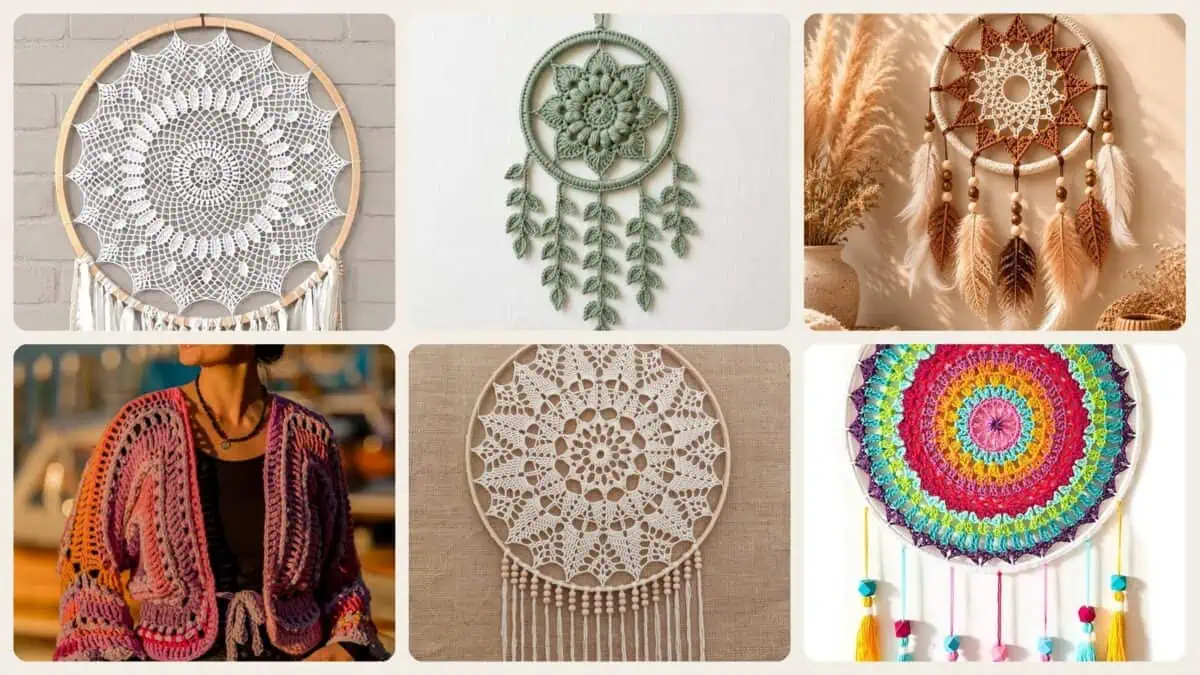 A selection of the crochet patterns in 27 Crochet Dreamcatcher Patterns: 24 Beautiful Designs