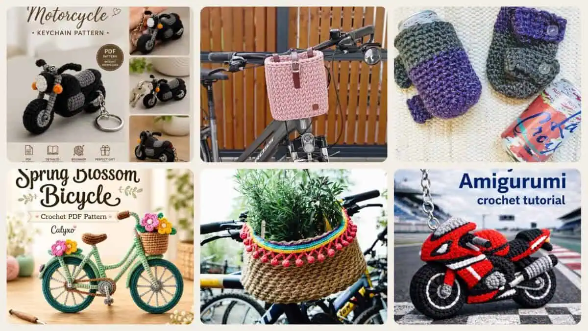 A selection of the crochet patterns in 12 Bicycle Crochet Patterns for Bikes, Decor, Gifts, and Cozy Home Projects