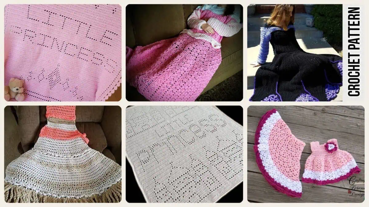 A selection of the crochet patterns in 34 Crochet Princess Dress Blankets That Are Cute and Cozy
