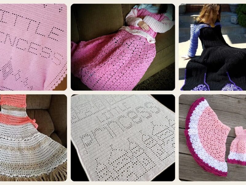A selection of the crochet patterns in 34 Crochet Princess Dress Blankets That Are Cute and Cozy