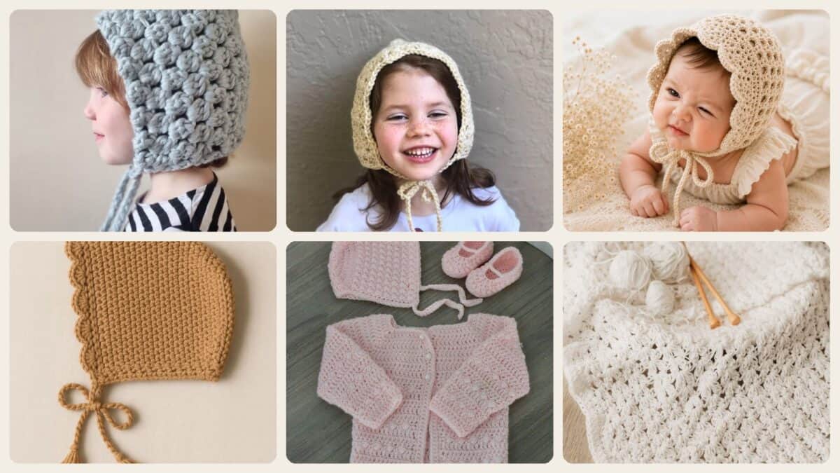 A selection of the crochet bonnet patterns in this roundup