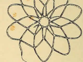 Engraving of a circular netted rosette worked in rounds of looped knots, from The Dictionary of Needlework