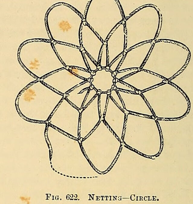 Engraving of a circular netted rosette worked in rounds of looped knots, from The Dictionary of Needlework