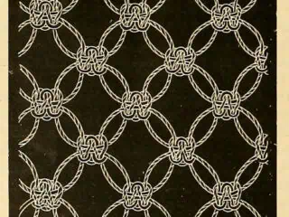 Engraving of a macramé open-knotting lattice worked in Solomon knots, printed white on a dark ground, from The Dictionary of Needlework