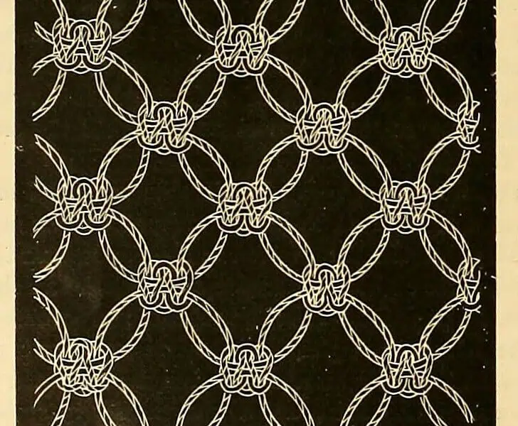 Engraving of a macramé open-knotting lattice worked in Solomon knots, printed white on a dark ground, from The Dictionary of Needlework