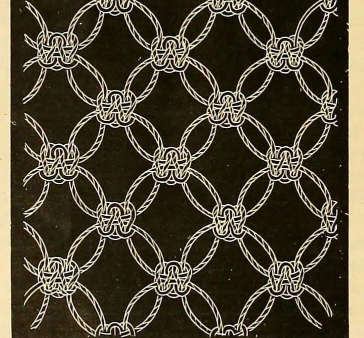 Engraving of a macramé open-knotting lattice worked in Solomon knots, printed white on a dark ground, from The Dictionary of Needlework
