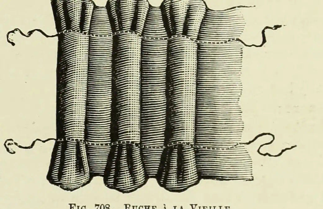 Wood engraving of a ruche a la vieille, a strip of fabric gathered into upright puffs between two drawing threads, from The Dictionary of Needlework