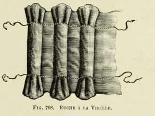 Wood engraving of a ruche a la vieille, a strip of fabric gathered into upright puffs between two drawing threads, from The Dictionary of Needlework