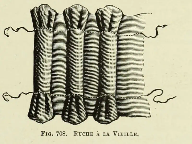 Wood engraving of a ruche a la vieille, a strip of fabric gathered into upright puffs between two drawing threads, from The Dictionary of Needlework