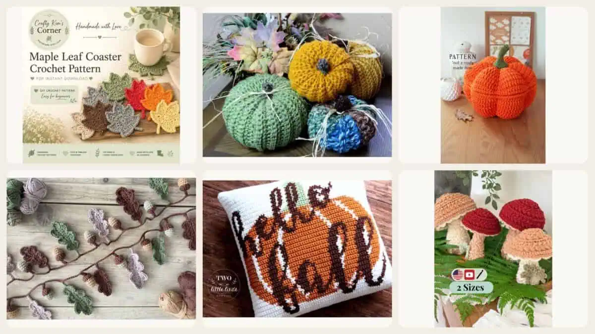 Six real Etsy products featured in this article: Maple Leaf Coasters Crochet Pattern, Richly Textured Pumpkins Crochet Pattern, Large Pumpkin Basket Crochet Pattern, Oak Leaf and Acorn Garland Crochet Pattern, Hello Fall Pillow Crochet Pattern, Wheat Stitch Mushrooms Crochet Pattern