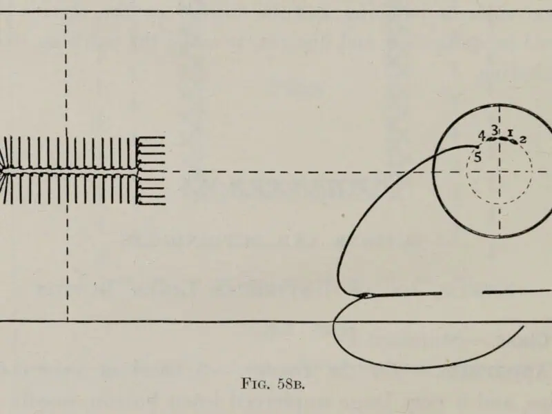 Diagram of a calico band and linen button with the needle in place and the first stitches numbered, from Rosevear's A Text-book of Needlework (1893)