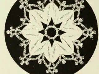 Engraving of a Chinese tape rosette with a crochet picot border, reversed out on a black ground, from The Dictionary of Needlework