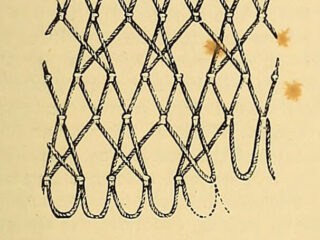 Engraving of cross netting worked on two meshes, showing the knots, loops and crossed threads, from The Dictionary of Needlework